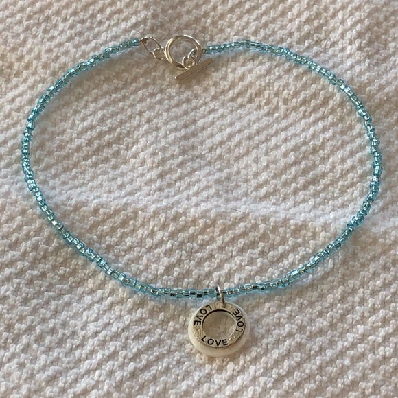 NEW! Beaded Choker Necklace Seed Bead w Shell & Stamped "Love" Metal Pendant - Picture 8 of 8